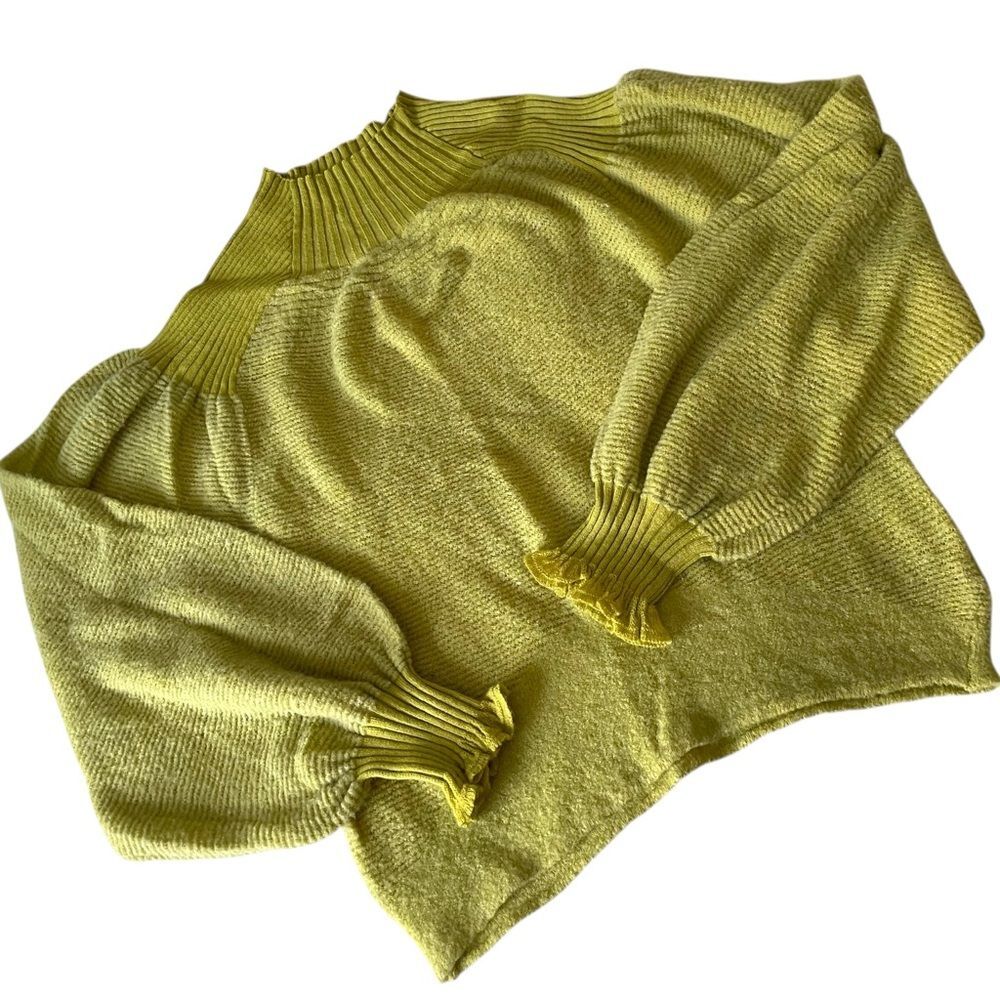 Free People Chartreuse Balloon Sleeve Sweater Cozy Chic Crew Neck Small S - Picture 6 of 11